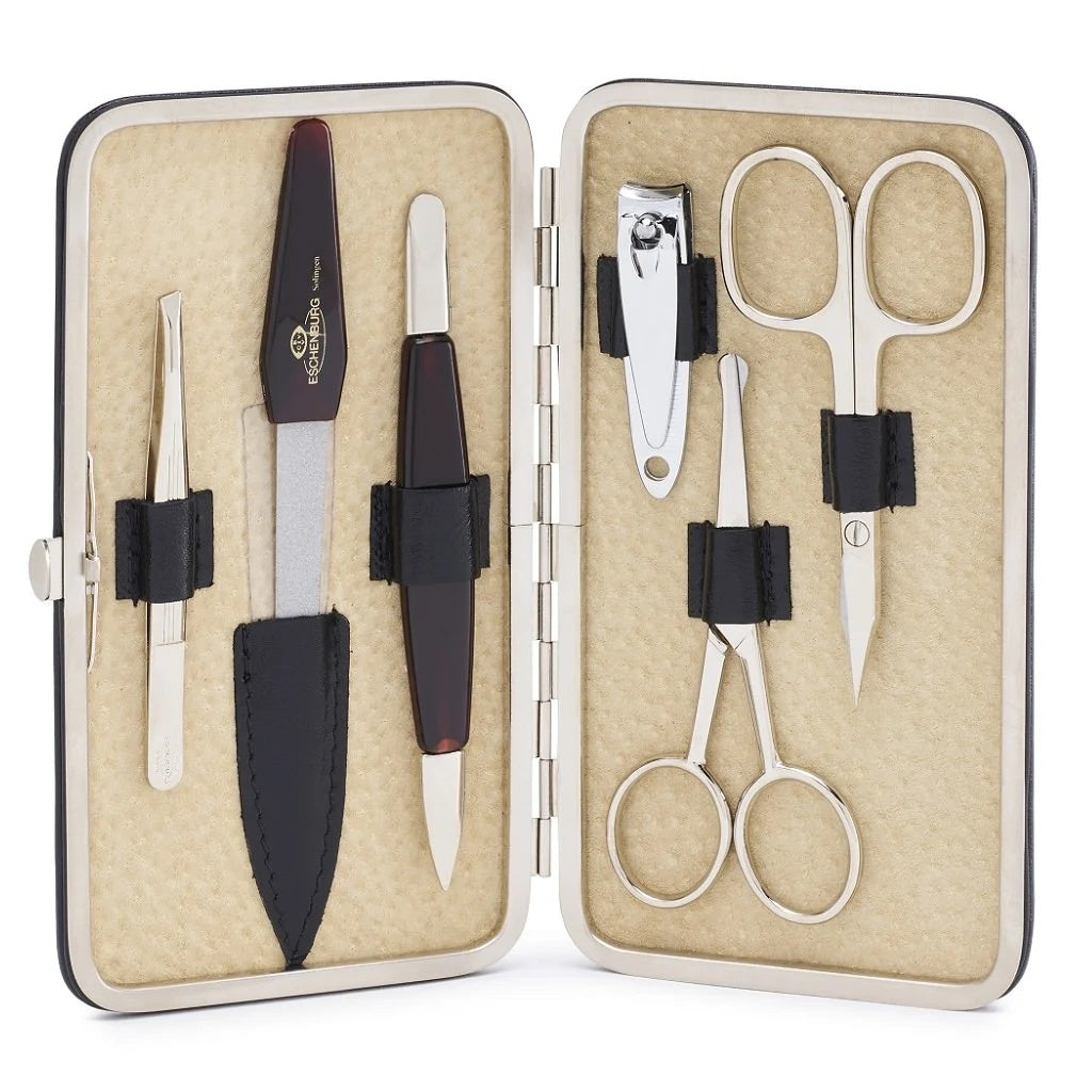 Large Leather Manicure Set Black - 6 Piece