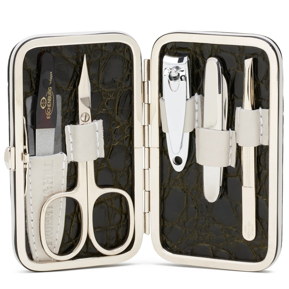 Faux Crocodile Leather Manicure Set Olive - 5 Piece